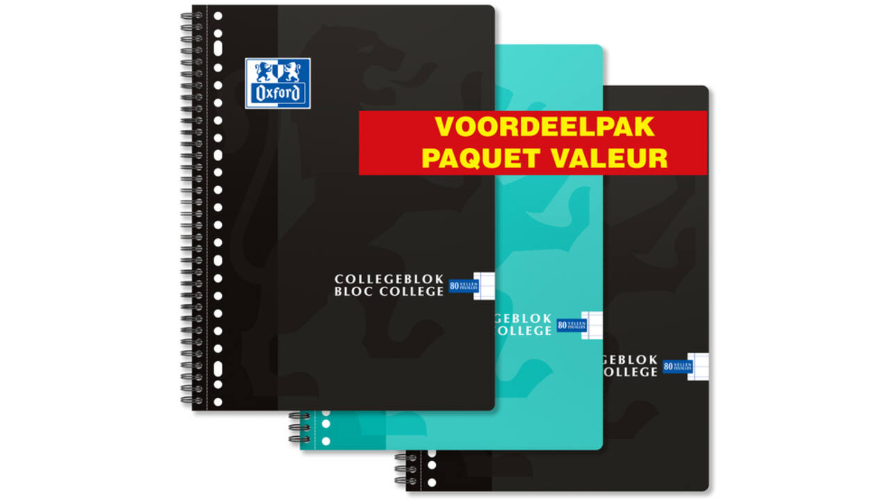 Collegeblok Oxford School A4+ lijn 23-gaats 160 pagina's 80gr voordeelpak assorti