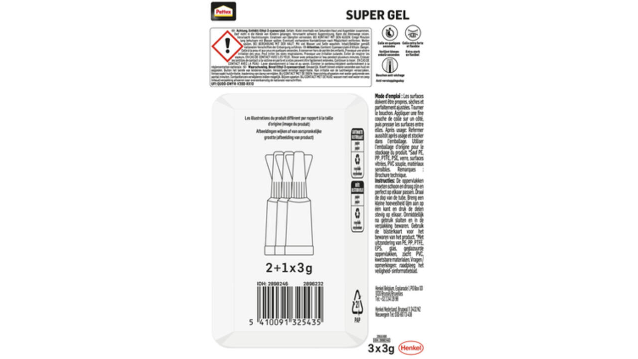 Secondelijm Pattex super gel 3gr 2+1 gratis