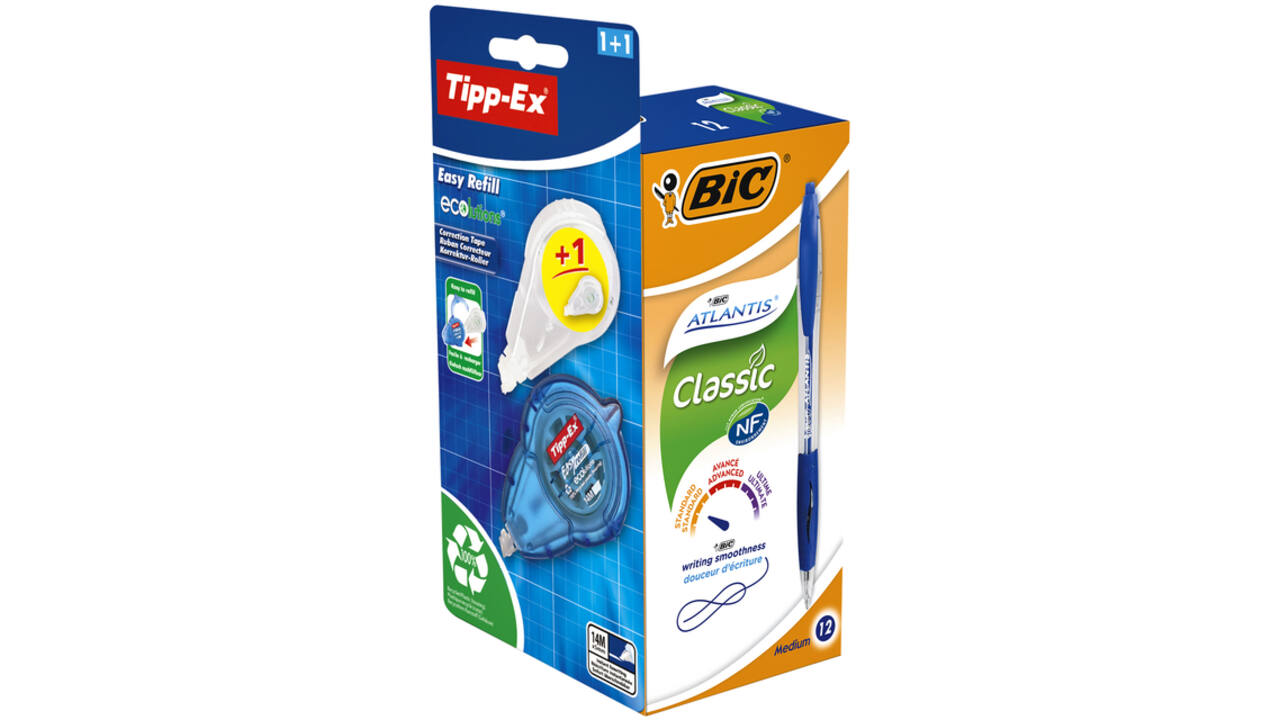Balpen BIC Atlantis + gratis Tipp-Ex easy medium blauw doos à 12 stuks