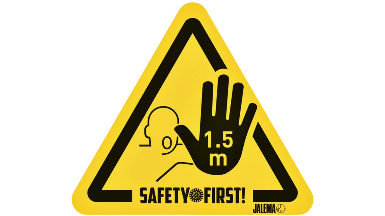 Waarschuwingssticker Djois houd afstand hand 150 x 170 mm geel/zwart