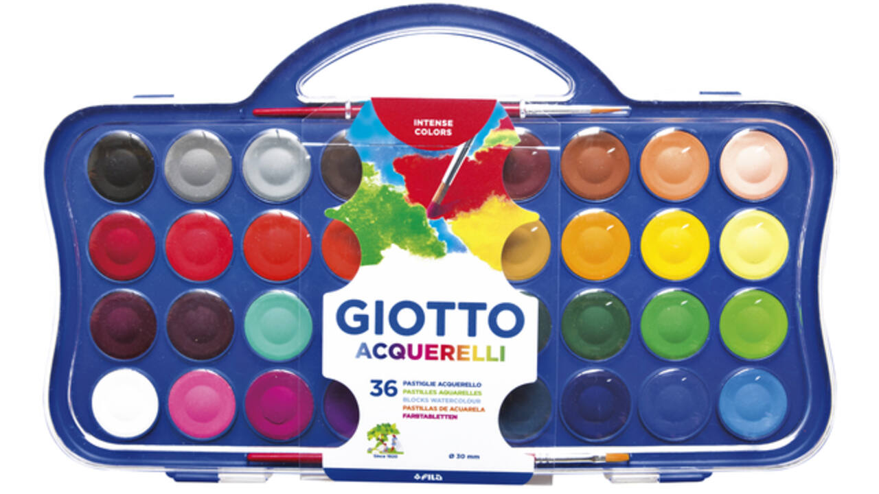 Gouache Giotto 30mm doos à 36 kleuren met 2 penselen