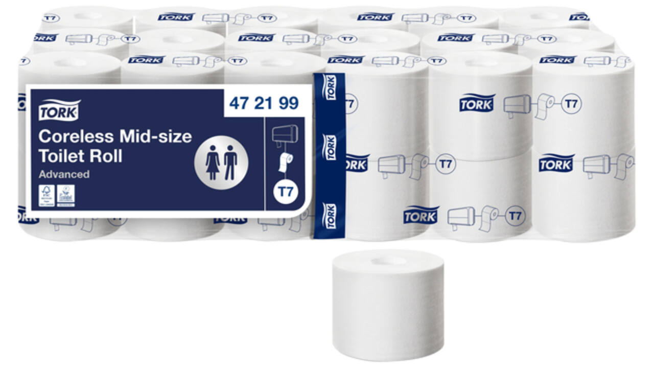 Toiletpapier Tork T7 hulsloos advanced mid-size 2-laags 900vel wit 472199