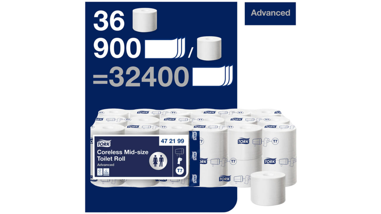 Toiletpapier Tork T7 hulsloos advanced mid-size 2-laags 900vel wit 472199