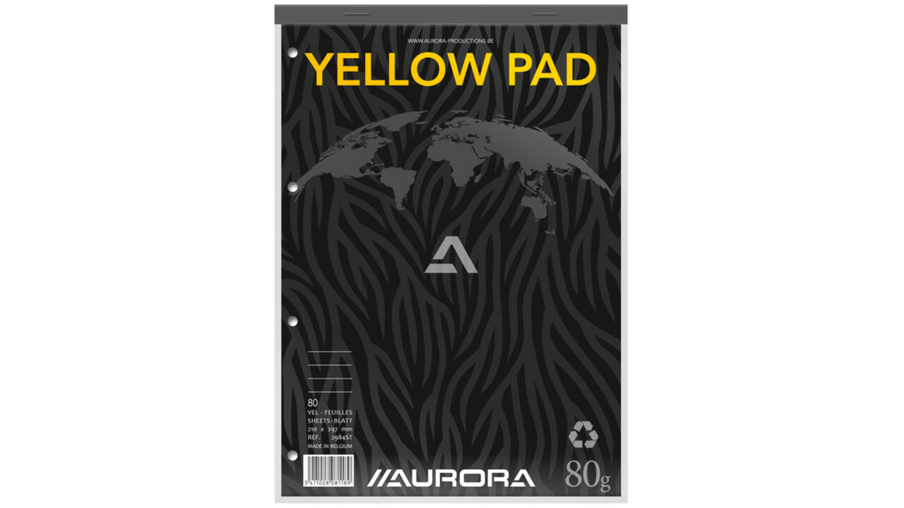 Cursusblok Aurora A4 lijn 4-gaats 160 pagina's 80gr geel