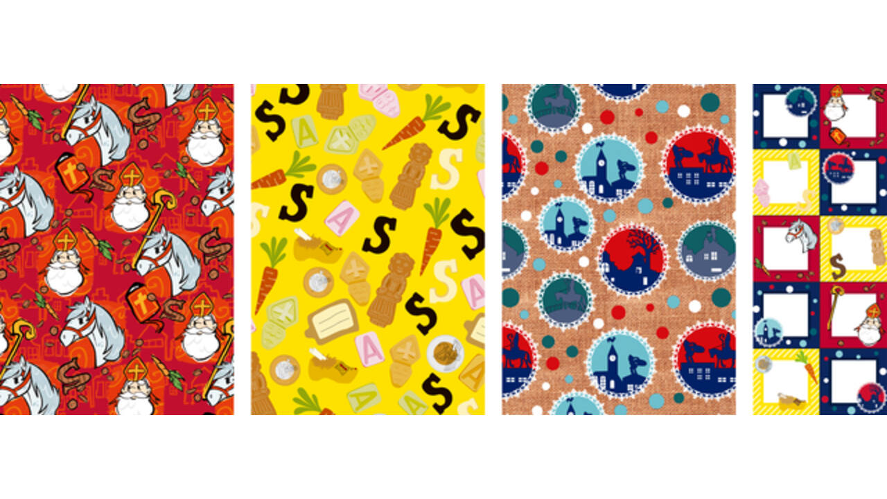 Inpakpapier sint 200x70cm set à 3 rollen + stickervel assorti