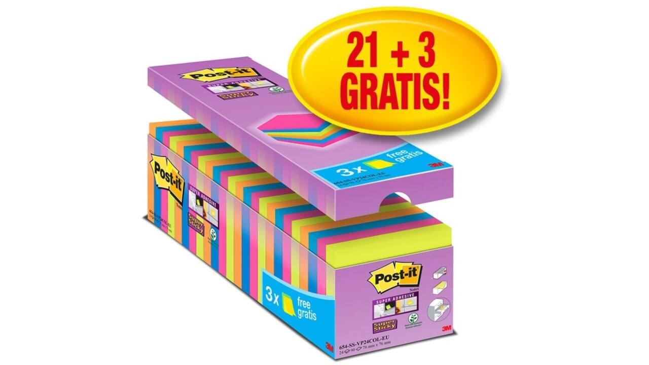 Memoblok Post-it 654 Super Sticky 76x76mm 21+3 gratis assorti