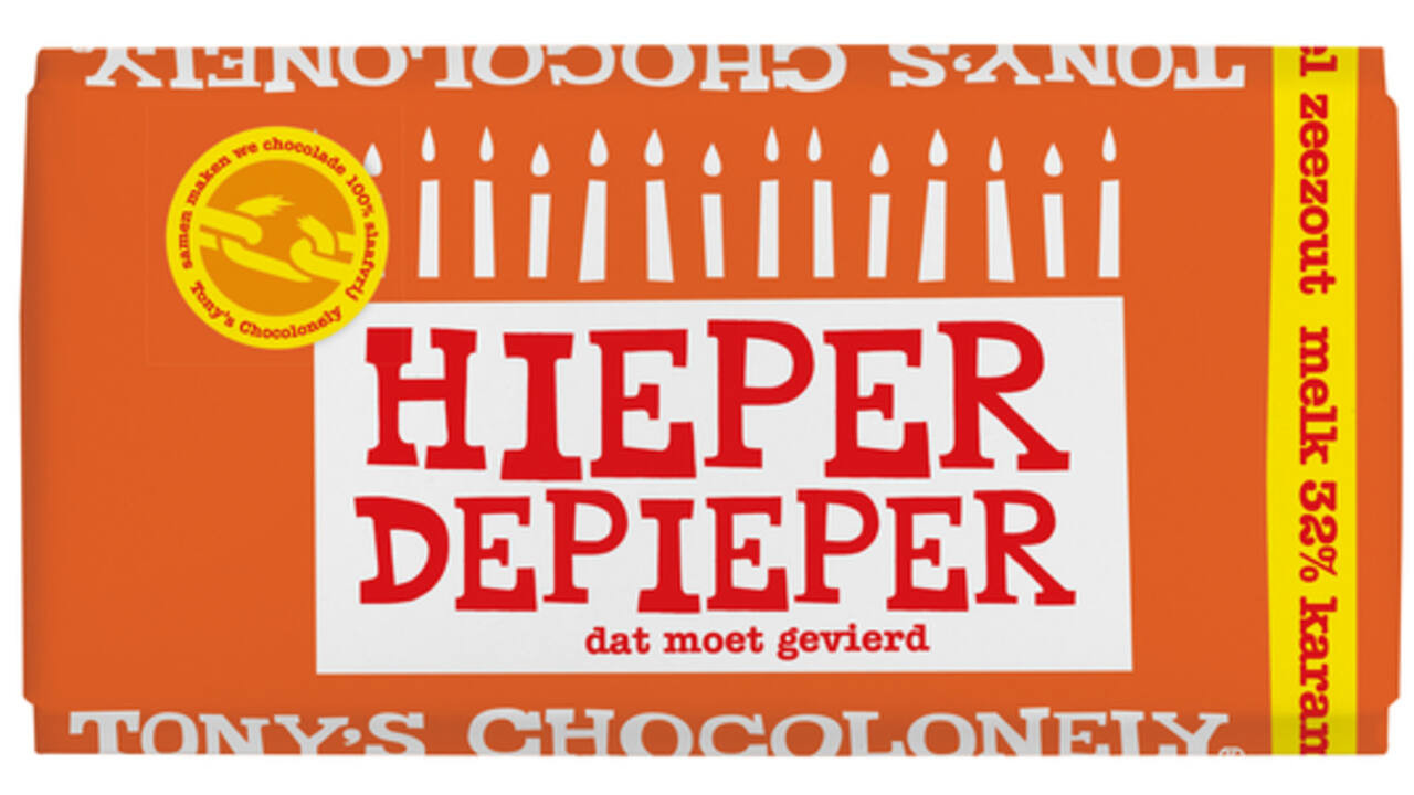 Chocolade Tony's Chocolonely melk karamel zeezout hieper de pieper reep 180gr