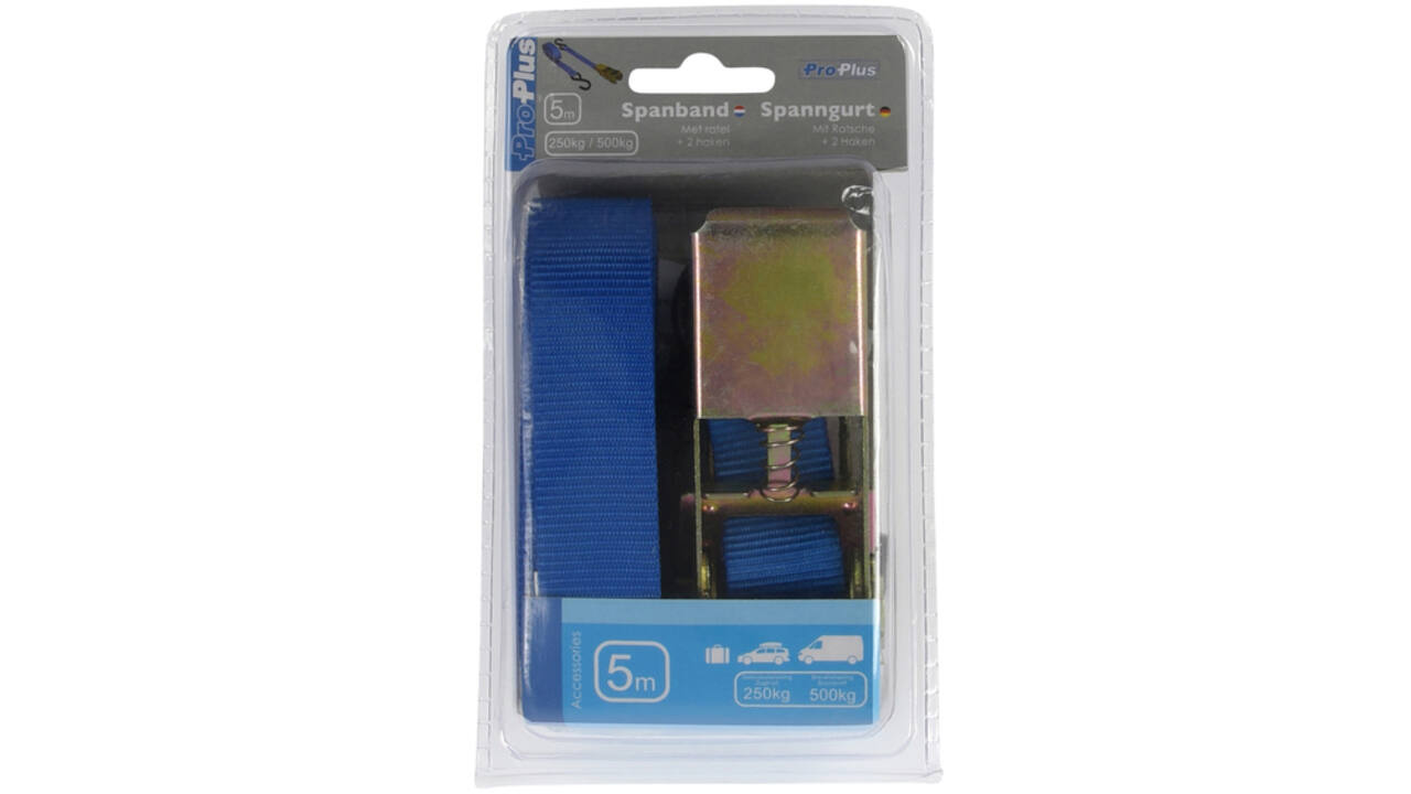 Spanband ProPlus blauw met ratel en 2 haken 5m