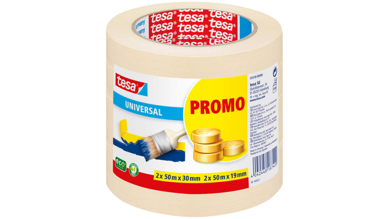 Afplaktape tesa® Economy 2x 50mx30mm, 2x 50mx19mm promopack