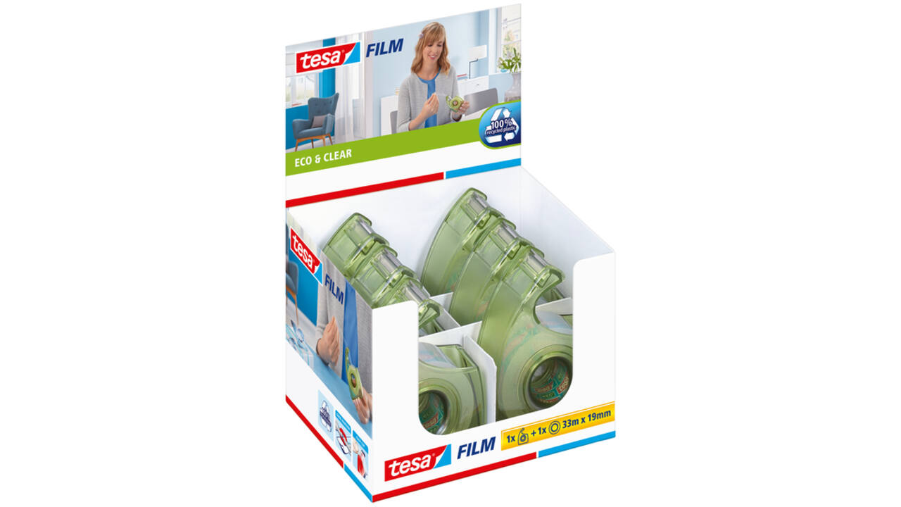 Plakband handdispenser tesafilm® eco & clear 33mx19mm + Easy Cut hand ecoLogo®
