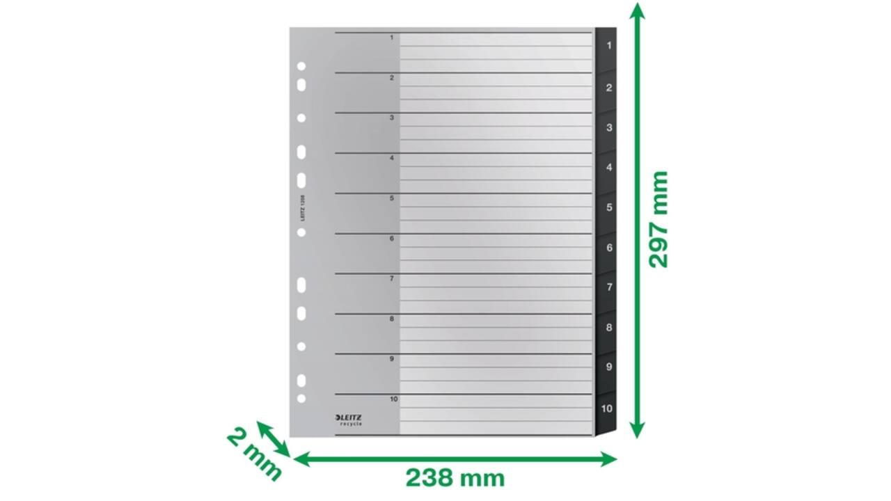 Tabblad Leitz Recycle A4 11-gaats 1-10 extra breed PP