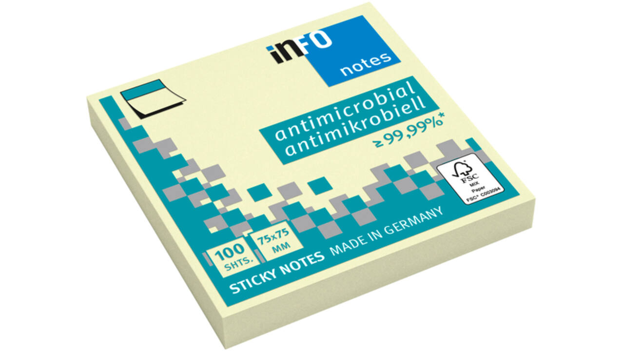 Memoblok info notes antimicrobiëel 100 vel 75x75mm geel