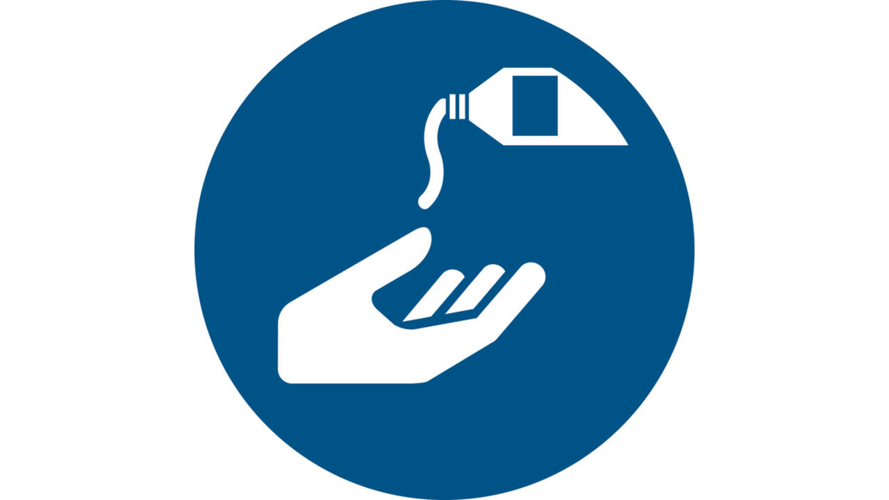 Pictogram bordje Djois Handen ontsmetten verplicht Ø 200mm Blauw