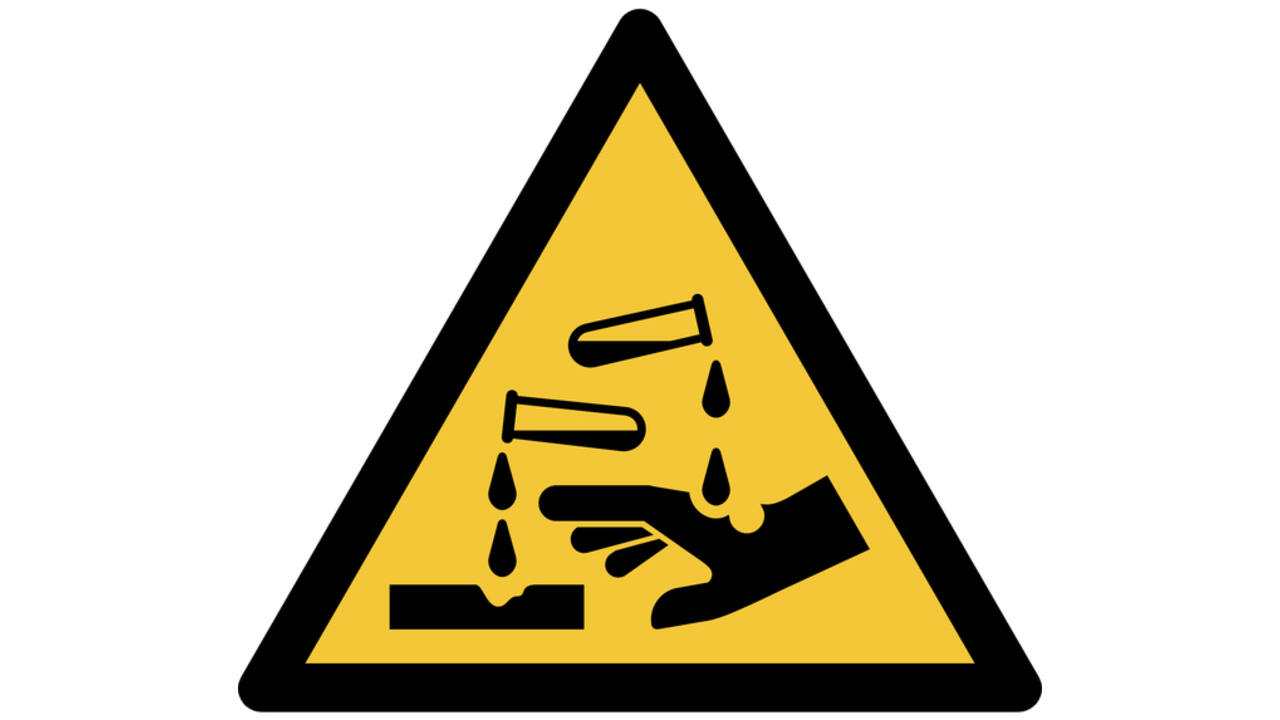 Pictogram bordje Djois Waarschuwing: bijtende stoffen 200x176mm Geel