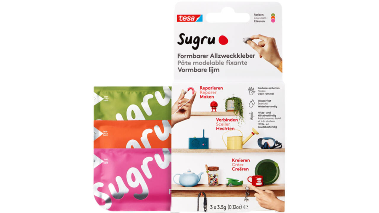 Kneedbare hobbylijm Sugru by tesa® sterke alleslijm 3 pakken roze oranje groen