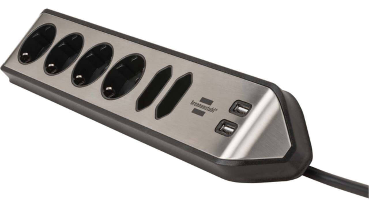 Stekkerdoos Brennenstuhl bureau Estilo 6 voudig inclusief 2 USB 2 meter zwart/zilver