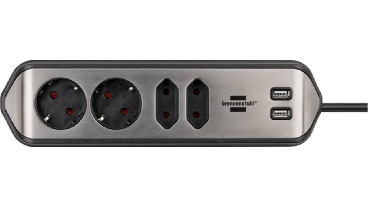 Stekkerdoos Brennenstuhl bureau Estilo 4 voudig inclusief 2 USB 2 meter zwart/zilver