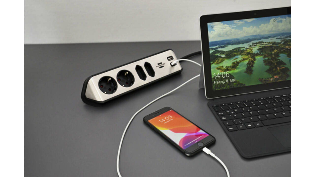 Stekkerdoos Brennenstuhl bureau Estilo 4 voudig inclusief 2 USB 2 meter zwart/zilver