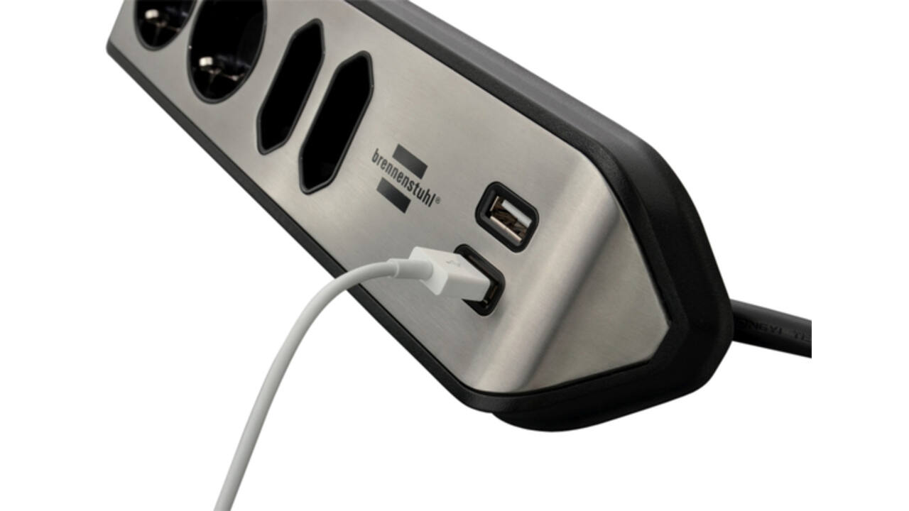 Stekkerdoos Brennenstuhl bureau Estilo 4 voudig inclusief 2 USB 2 meter zwart/zilver