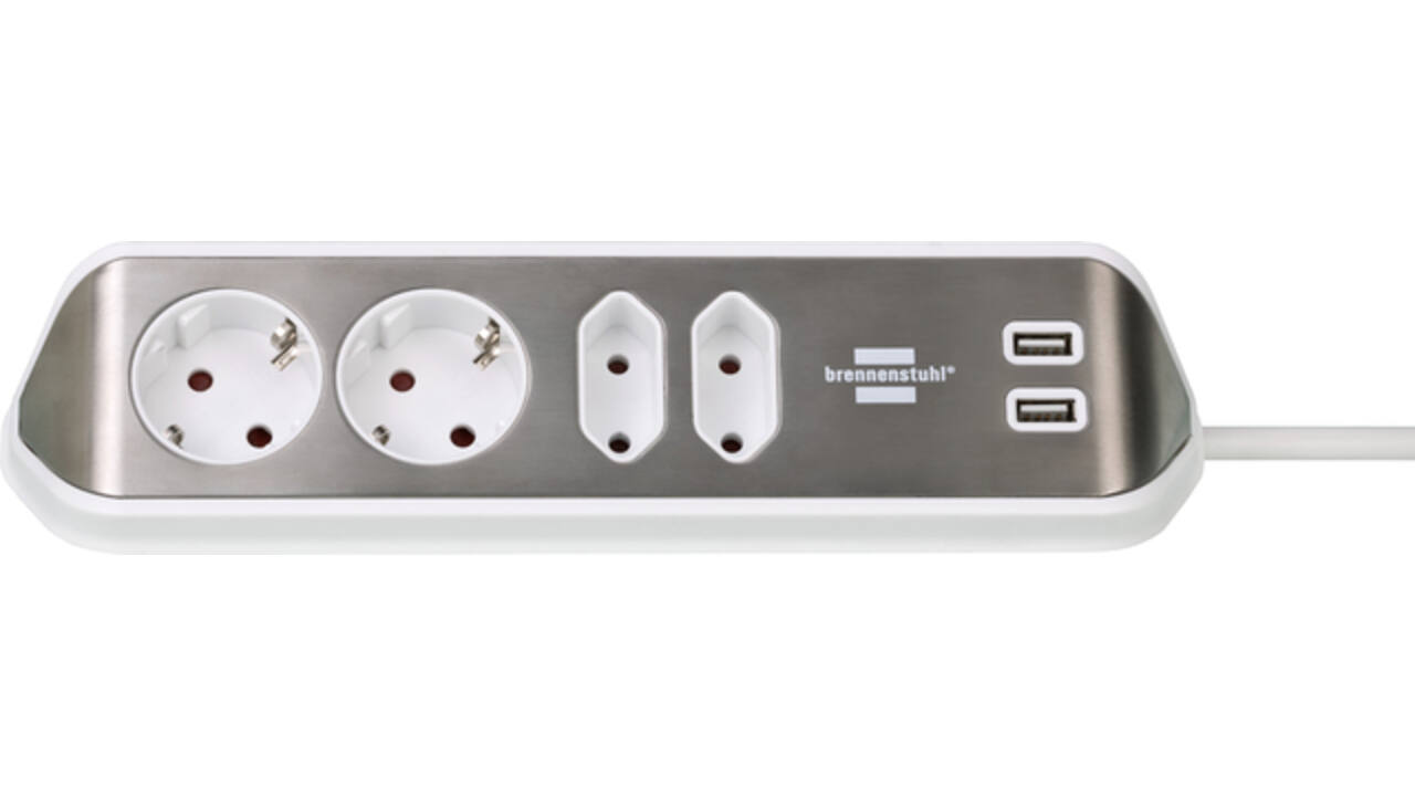 Stekkerdoos Brennenstuhl bureau Estilo 4 voudig inclusief 2 USB 2 meter wit/zilver