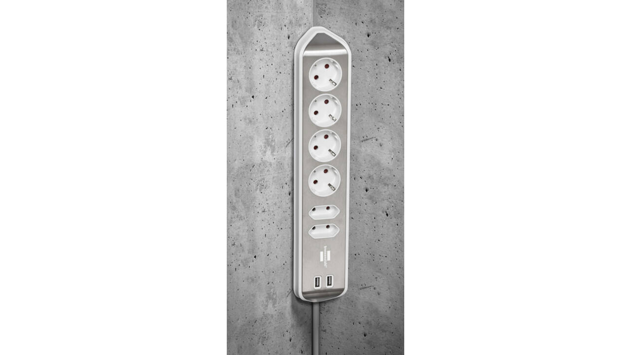 Stekkerdoos Brennenstuhl bureau Estilo 6 voudig inclusief 2 USB 200cm wit/zilver