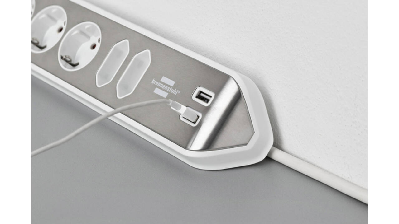 Stekkerdoos Brennenstuhl bureau Estilo 6 voudig inclusief 2 USB 200cm wit/zilver