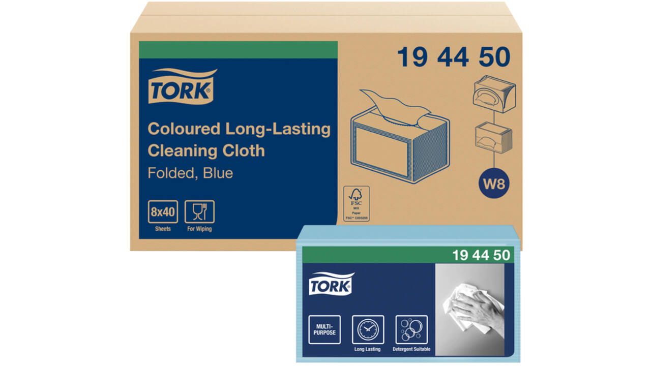 Reinigingsdoek Tork Long Lasting W8 multifunctioneel gevouwen blauw 194450