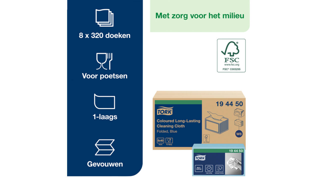 Reinigingsdoek Tork Long Lasting W8 multifunctioneel gevouwen blauw 194450