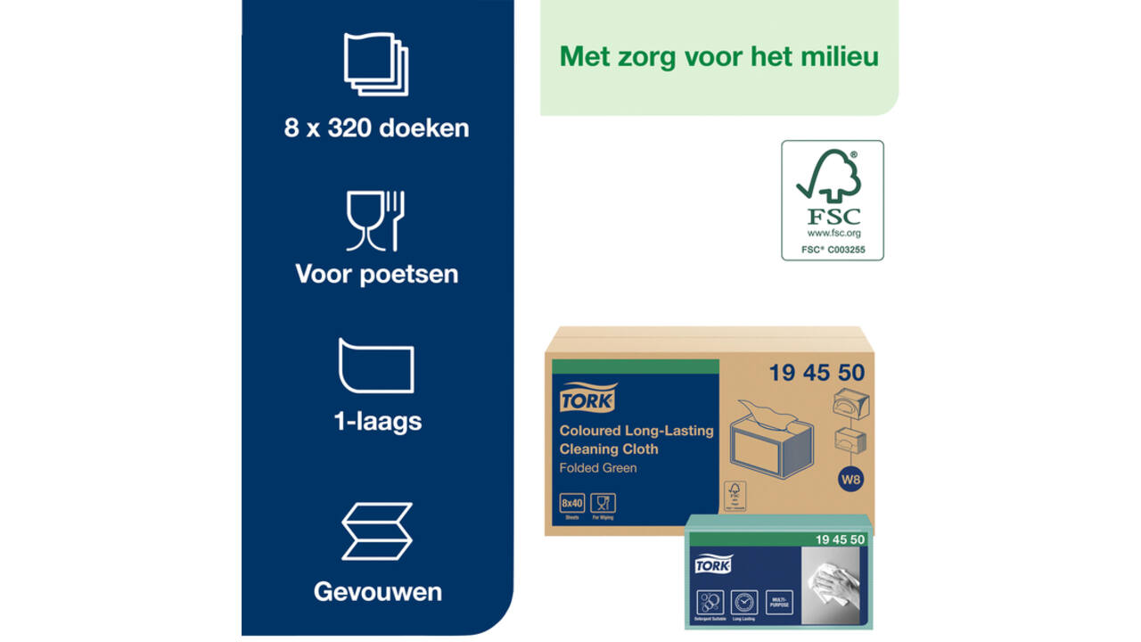Reinigingsdoek Tork Long lasting W8 multifunctioneel groen 194550