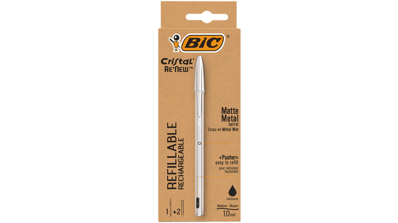 Balpen Bic Cristal Re-new medium zwart blister à 1 balpen + 2 vullingen