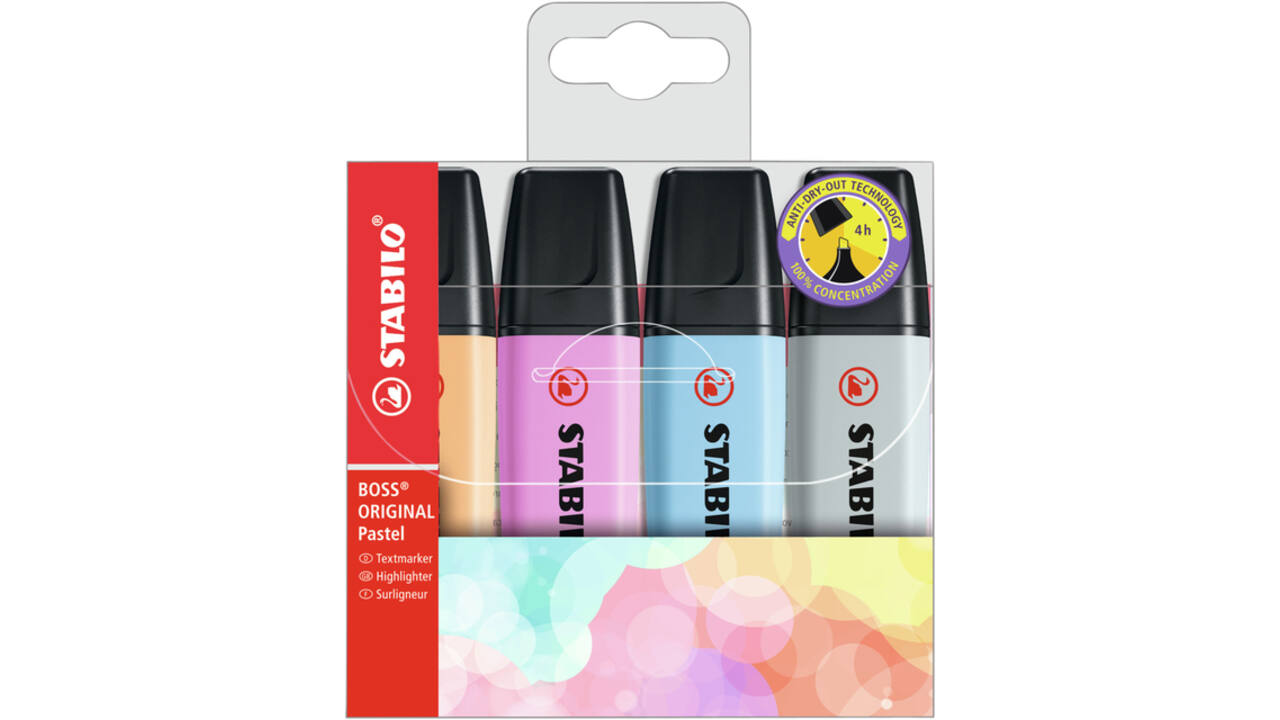 Markeerstift STABILO BOSS Original 70/4 pastel incl grijs assorti etui à 4 stuks