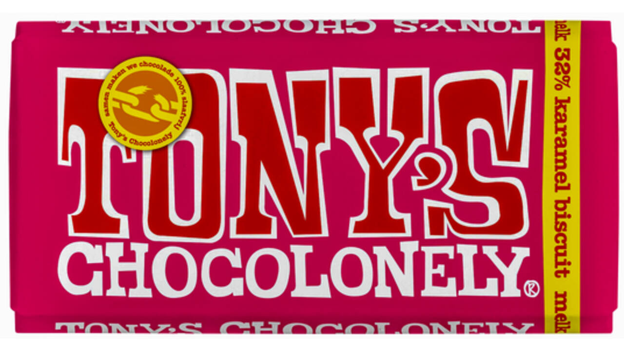 Chocolade Tony's Chocolonely melk karamel biscuit reep 180gr