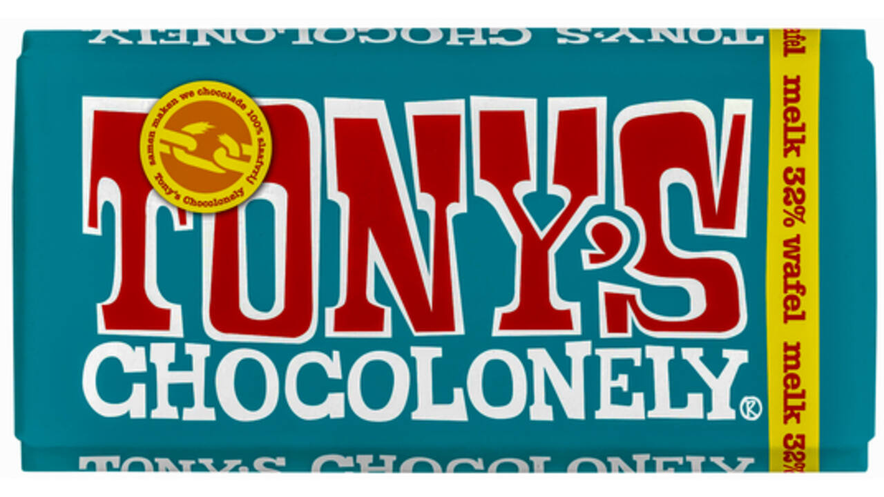 Chocolade Tony's Chocolonely melk pennywafel reep 180gr