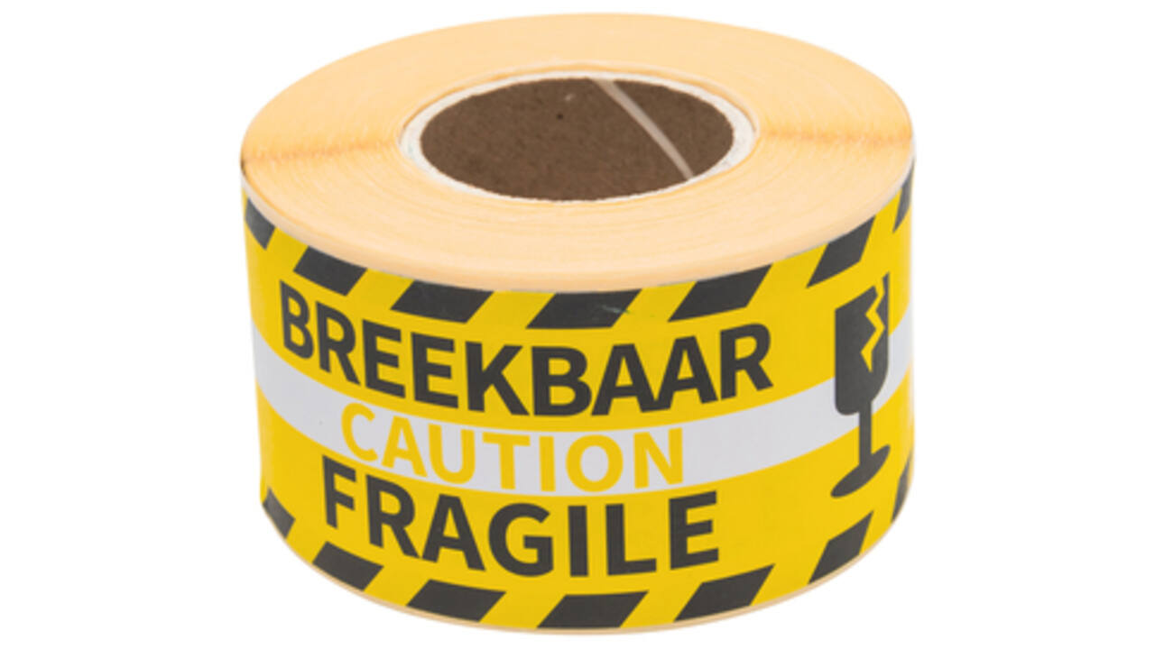 Waarschuwingsetiket Rillprint fragile 46x125mm geel