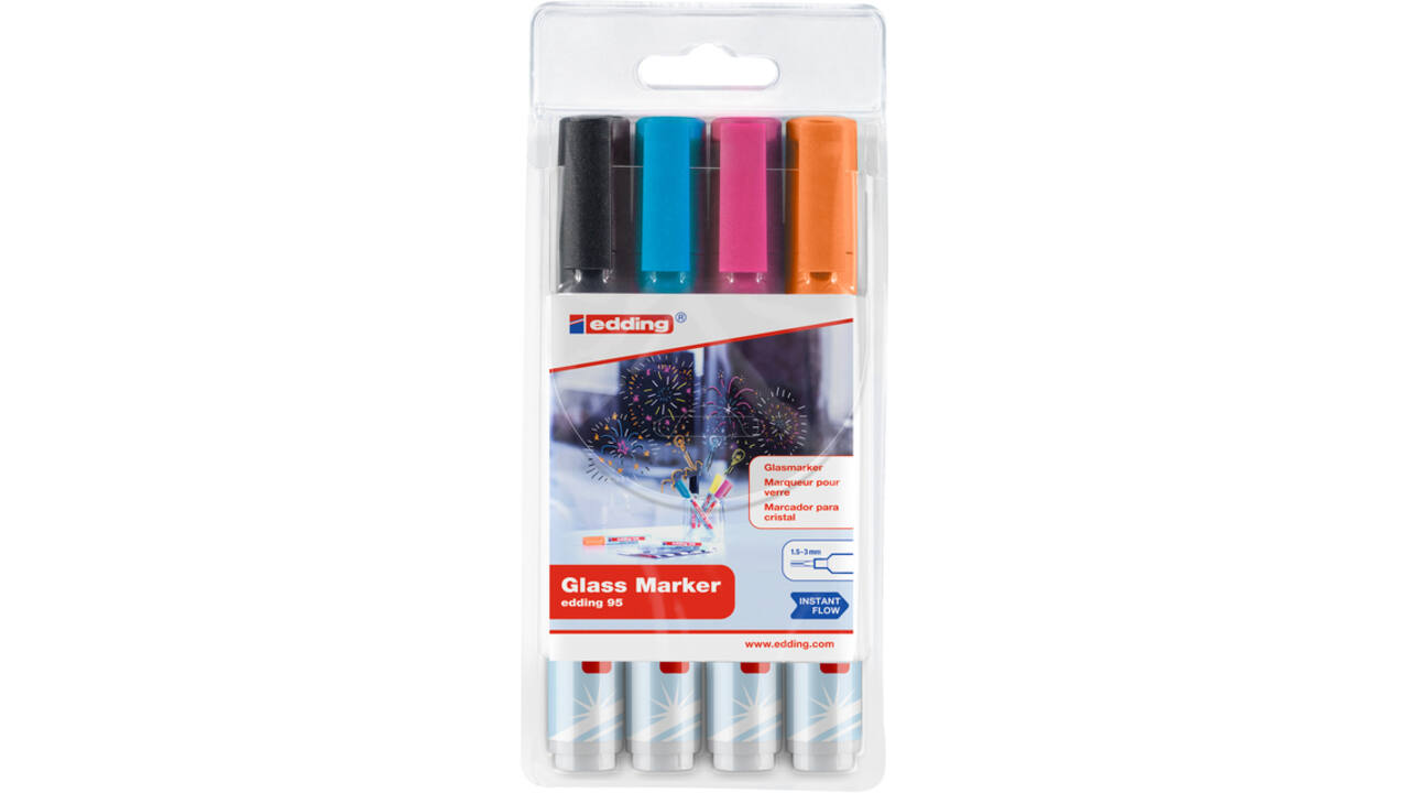 Viltstift edding 95 glasbord rond 1.5-3mm inclusief zwart assorti set à 4 stuks