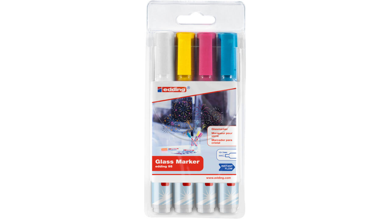 Viltstift edding 95 glasbord rond 1.5-3mm inclusief wit assorti set à 4 stuks