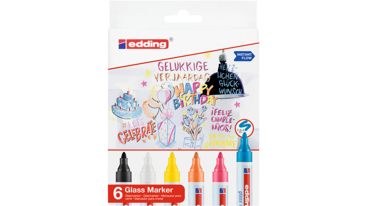 Viltstift edding 95 glasbord rond 1.5-3mm inclusief wit en zwart assorti set à 6 stuks