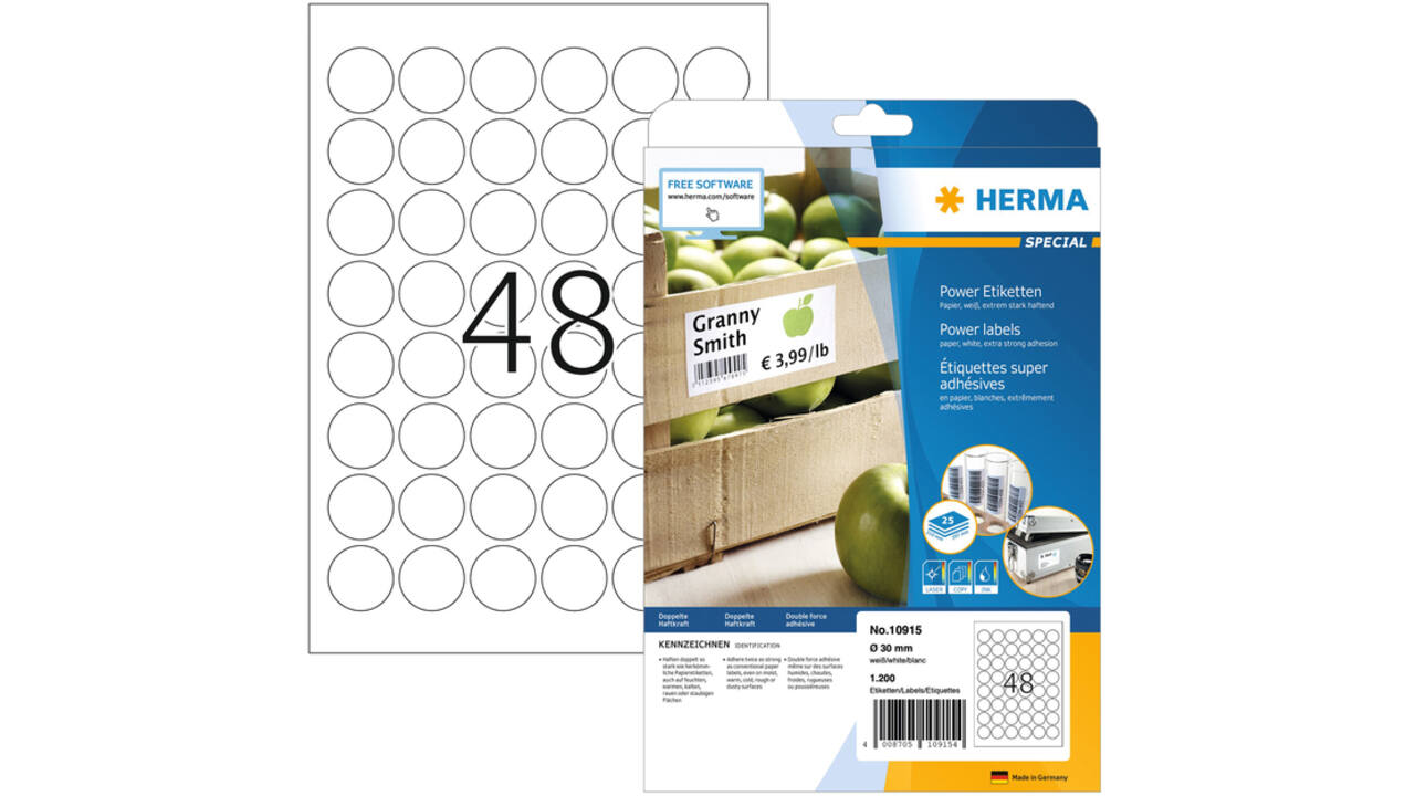 Etiket HERMA Power 10915 rond 30mm wit 1200stuks