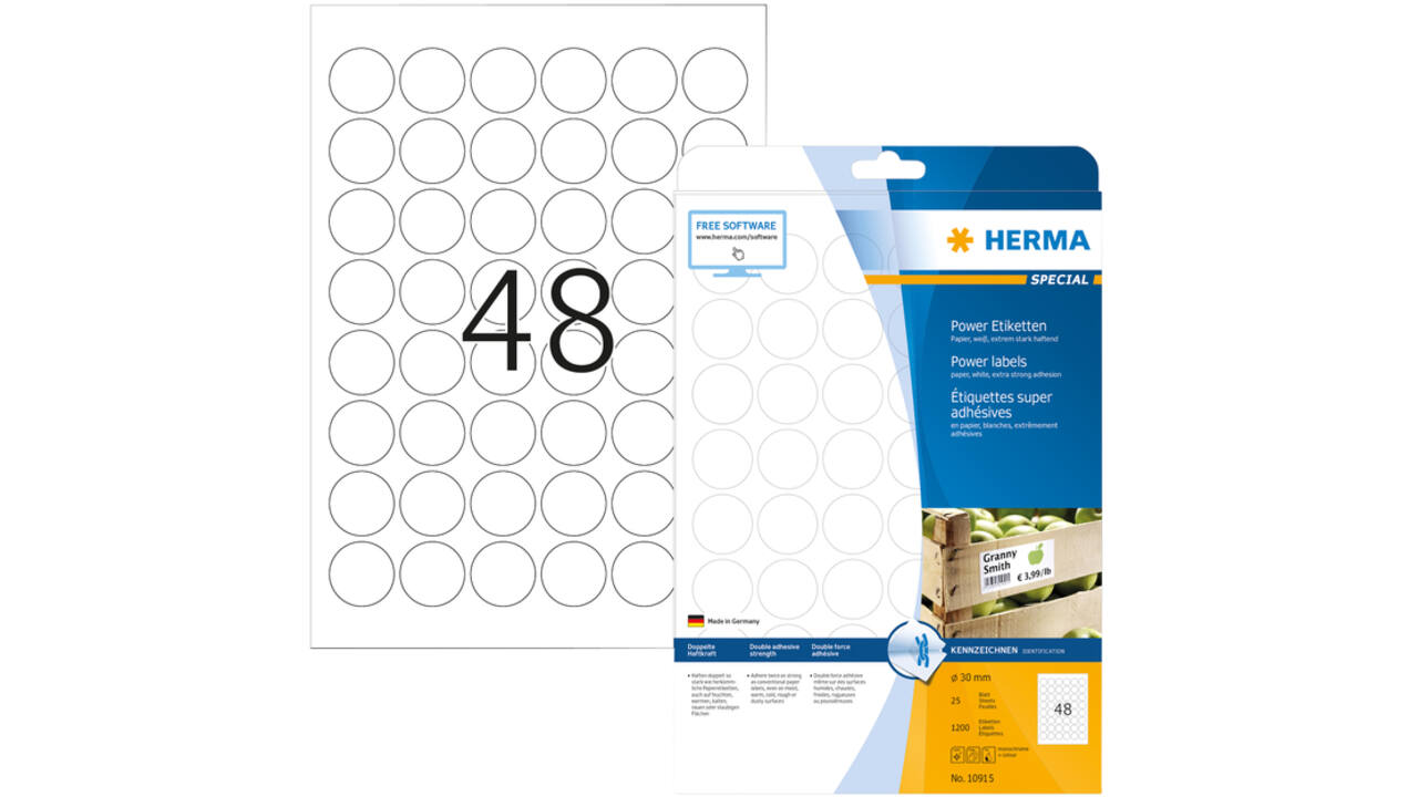 Etiket HERMA Power 10915 rond 30mm wit 1200stuks