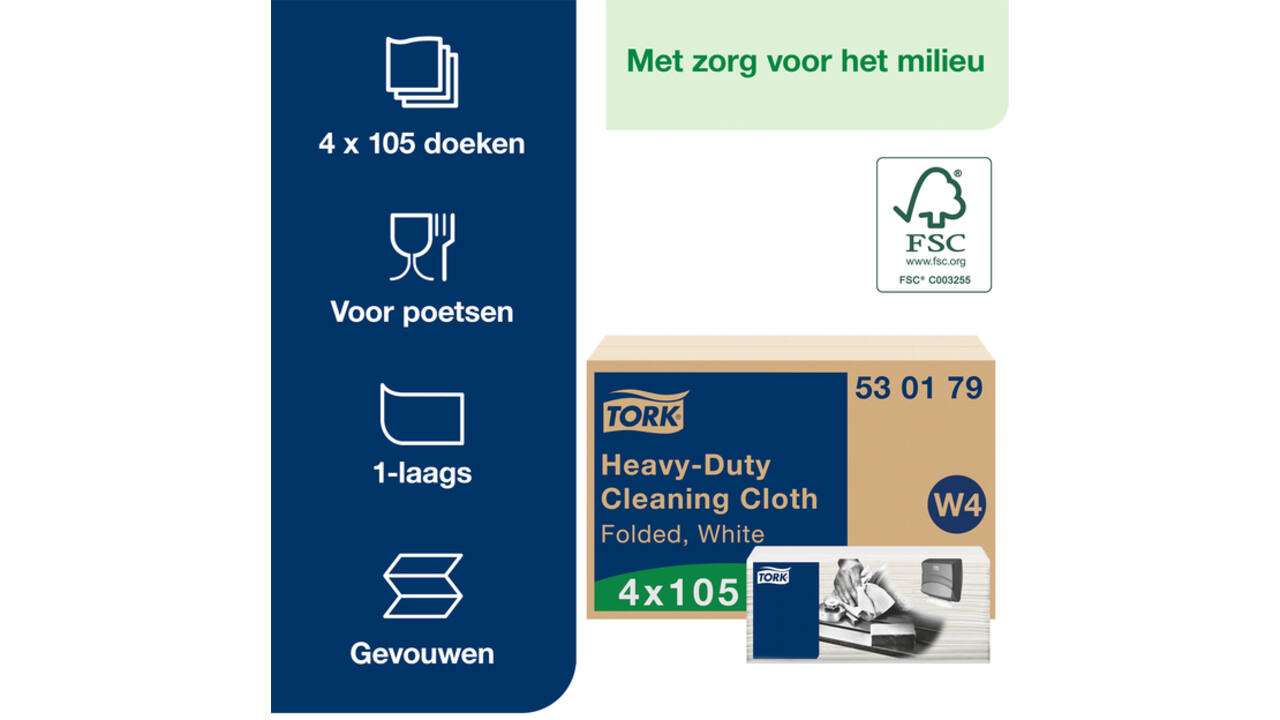 Reinigingsdoek Tork Heavy-Duty W4 multifunctioneel nonwoven 150 vel wit 530179