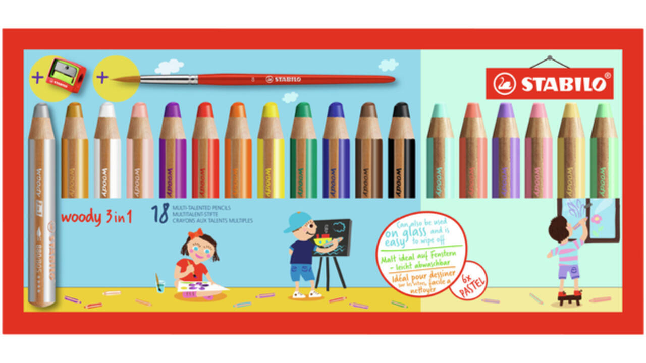 Kleurpotloden STABILO 880 woody 3 in 1 incl puntenslijper en penseel assorti etui à 18 stuks