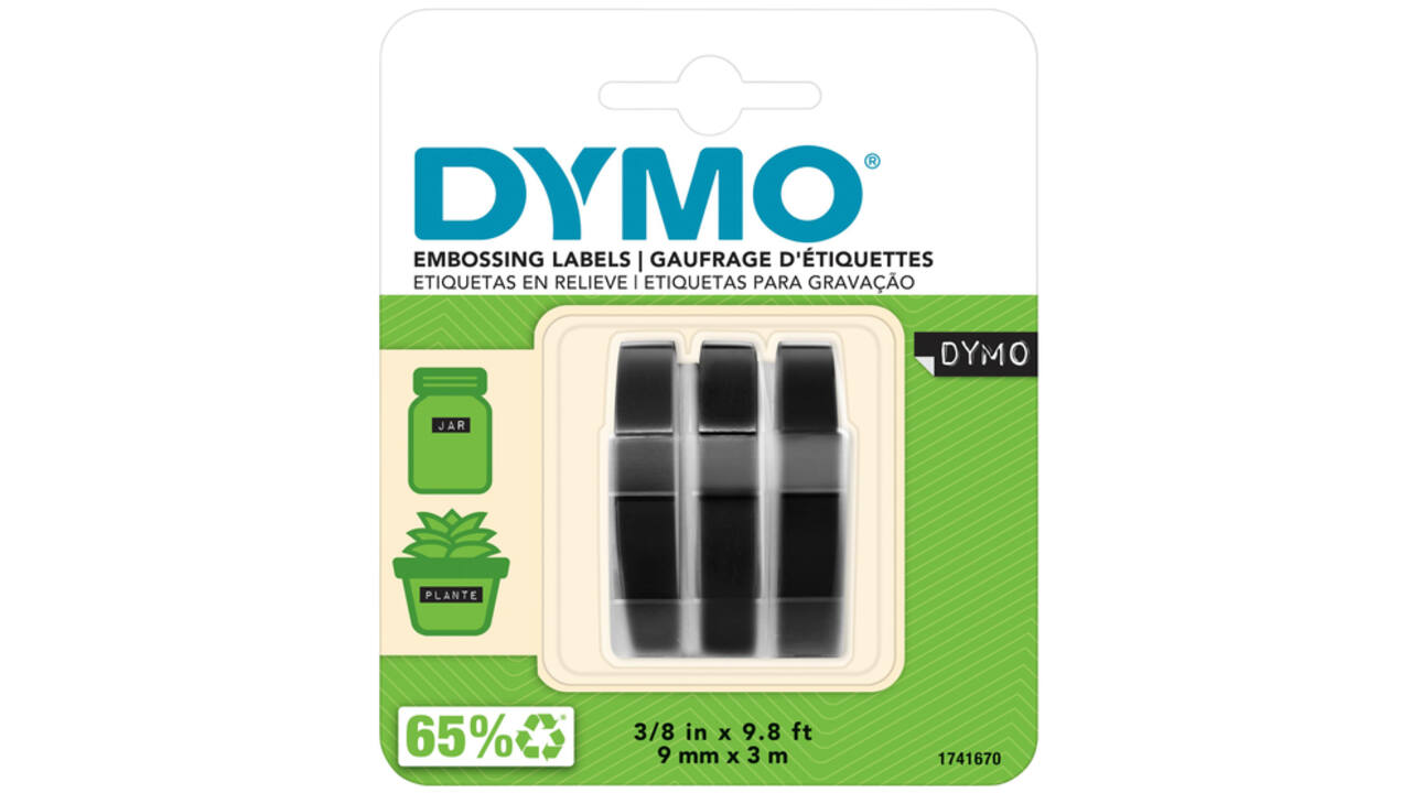 Reliëftape Dymo embossing plastic 9mm zwart op wit