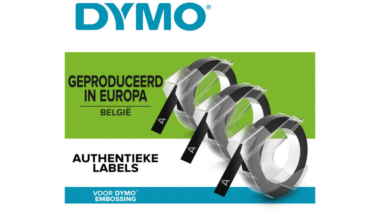 Reliëftape Dymo embossing plastic 9mm zwart op wit