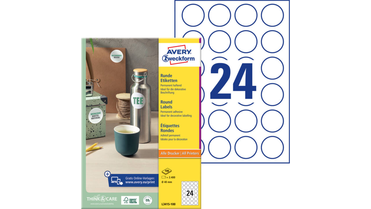 Etiket Avery Zweckform L3415 rond 40mm wit