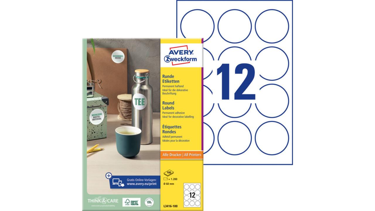 Etiket Avery Zweckform L3416 rond 60mm wit 1200stuks