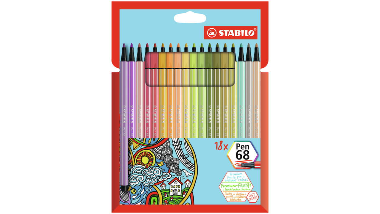 Viltstift STABILO Pen 68 8 medium soft assorti etui à 18 stuks