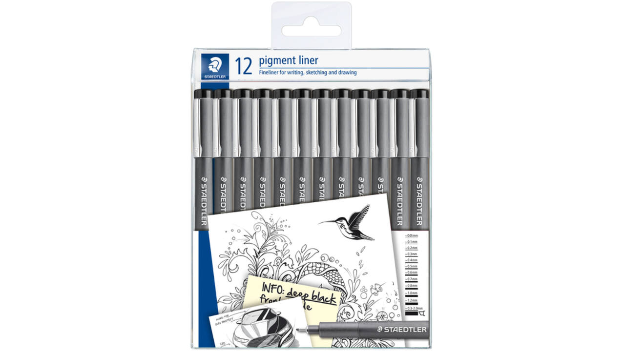 Fineliner Staedtler Pigment 308 zwart set à 12 breedtes