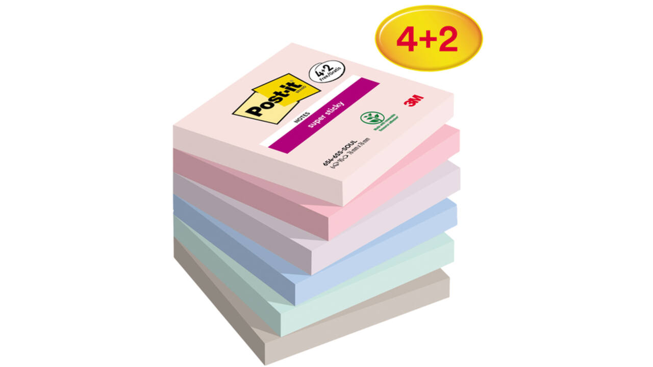 Memoblok Post-it 654 Super Sticky 76x76mm 4+2 gratis Soulful