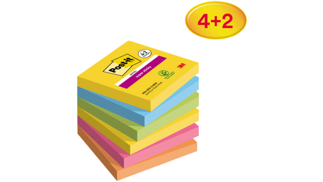 Memoblok Post-it 654 Super Sticky 76x76mm 4+2 gratis Carnival