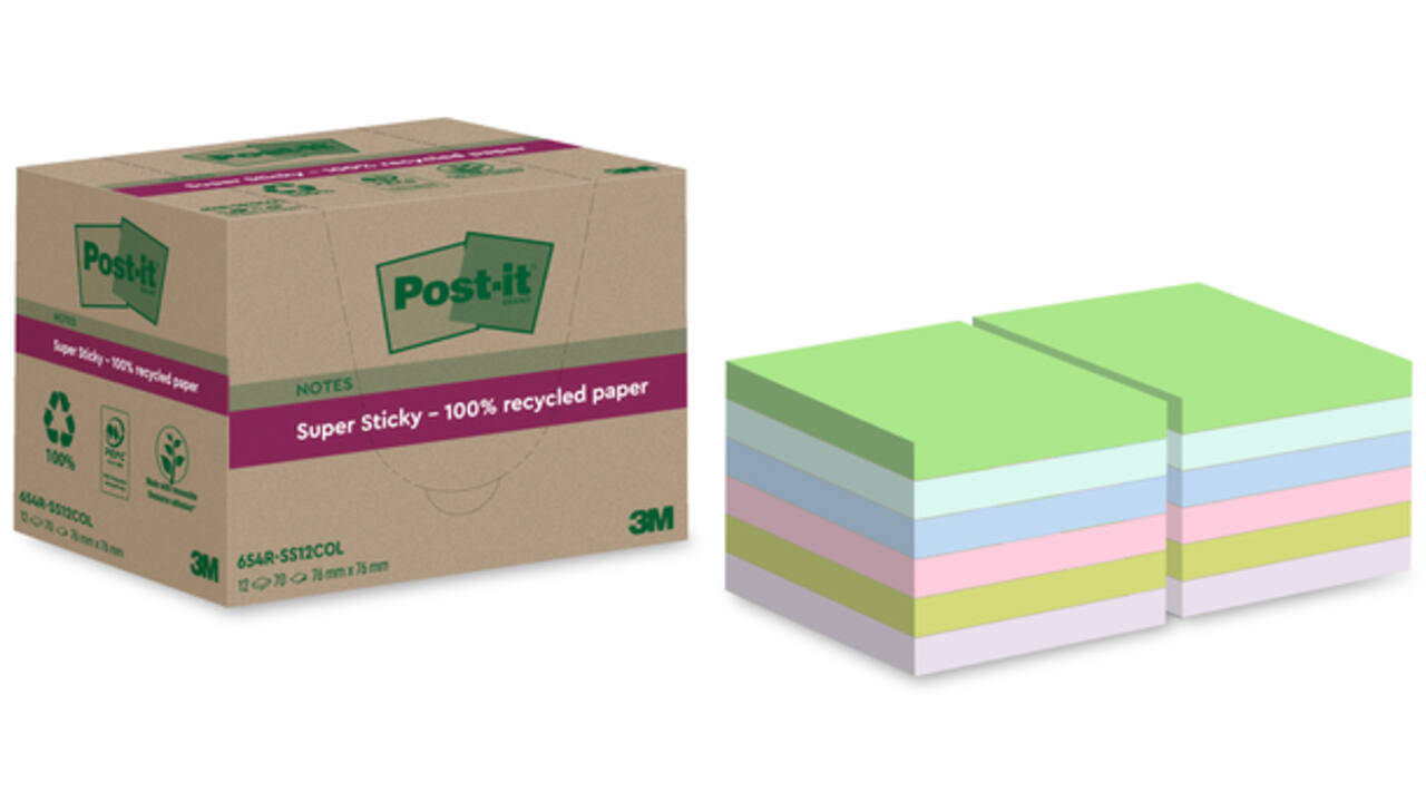 Memoblok Post-it 654 RSS12COL 76x76mm recycled colour notes pastel